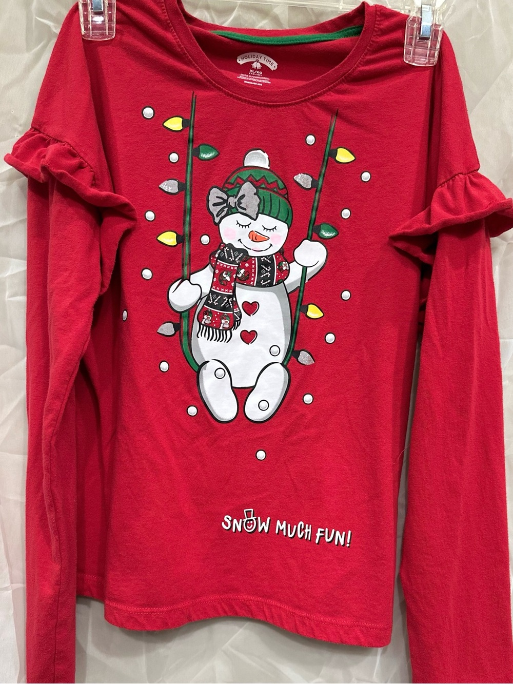 Holiday Time Red Long-Sleeve Snowman with Twinkle Lights Shirt